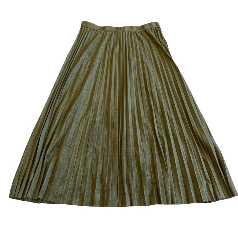 DKNY Olive Green Pleated Midi Skirt Pull-On Light Faux Suede Size Medium Women's